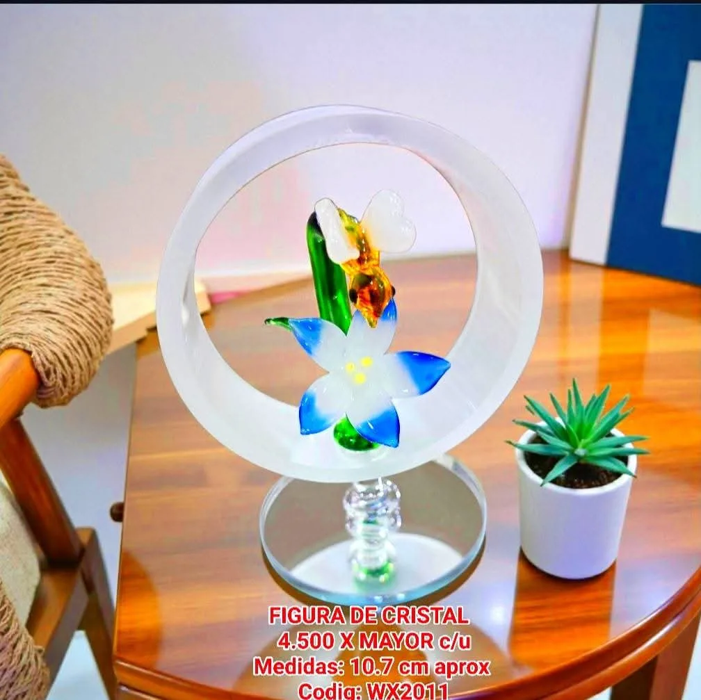 Figura de Cristal - aro con flor blanca/azul y abeja