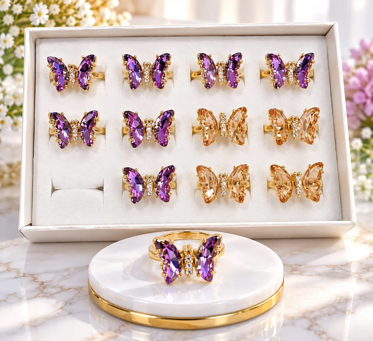 Anillo Ajustable Mariposa Morado y Champán Surtido