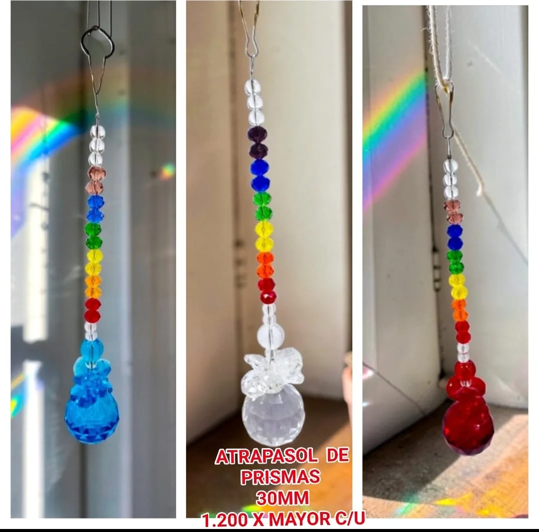 Atrapasoles Lineal 7 Chakras con Moño / Lazo de Cristal y Esfera Prismática Facetada