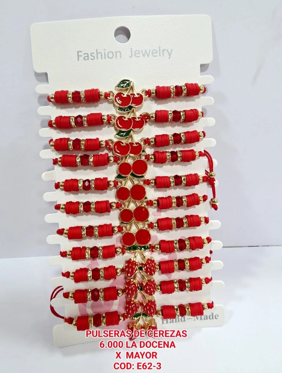 Pack 12 Pulsera de Discos Fimo Rojos, Cristales Facetados y Rondelles Estrás con Dijes Surtidos