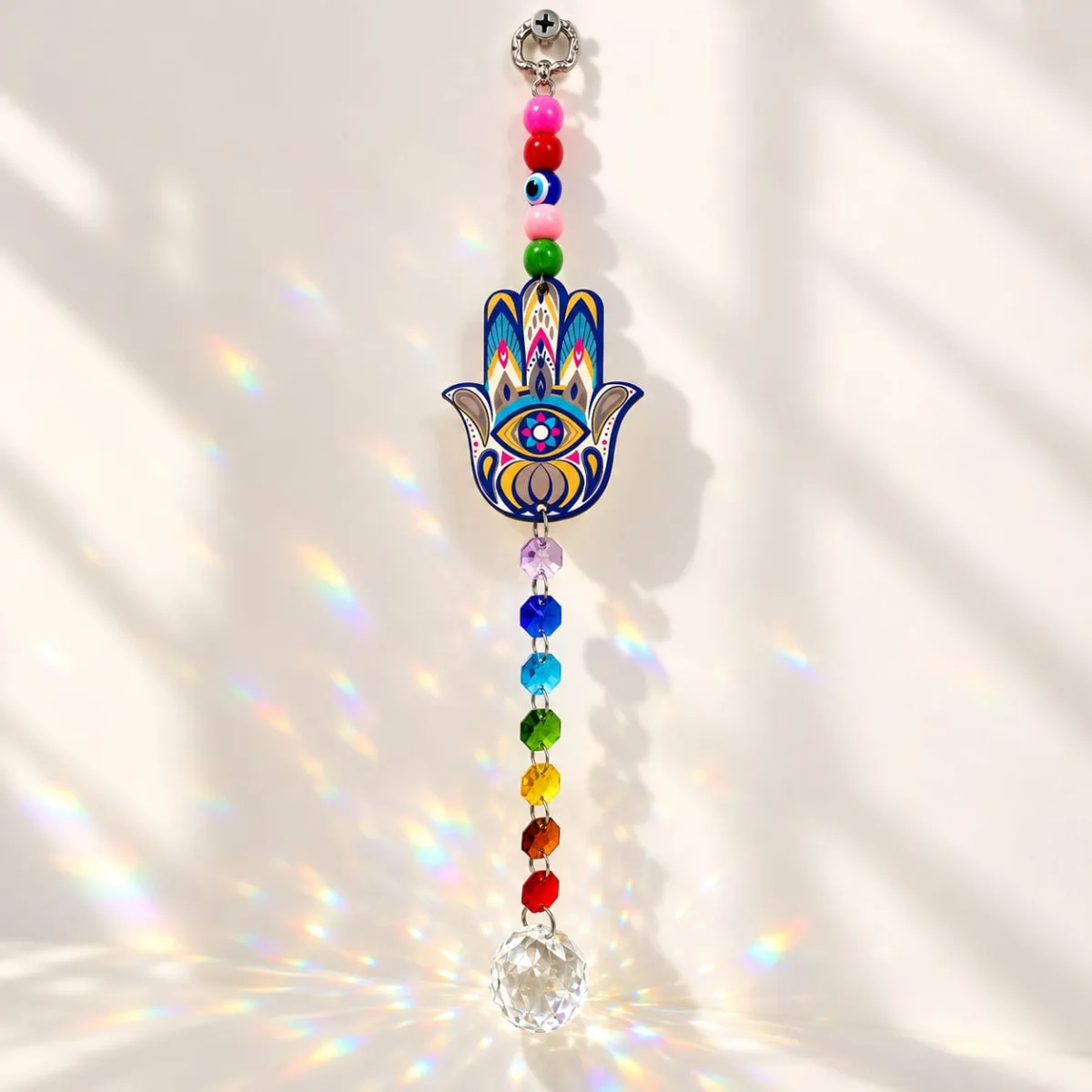 Atrapasol Mano de Fátima Madera Celeste y Dorado