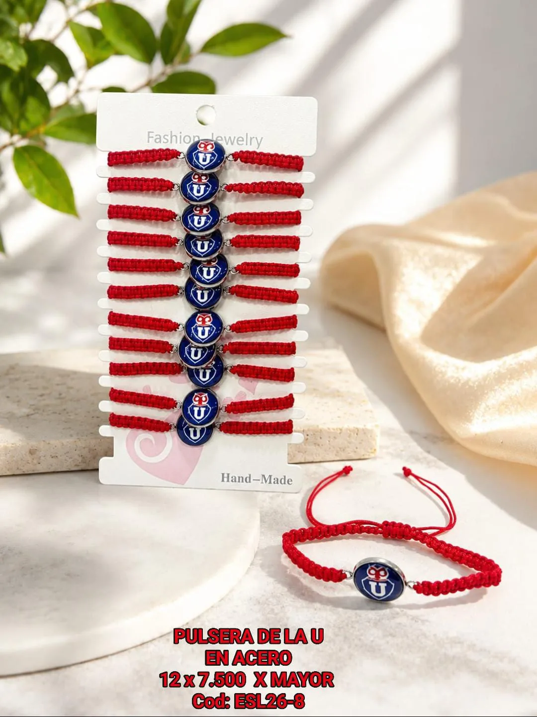 Pack 12 Pulsera Futbolera Universidad de Chile Tejida en Macramé de Hilo Rojo con Dije Circular de Acero