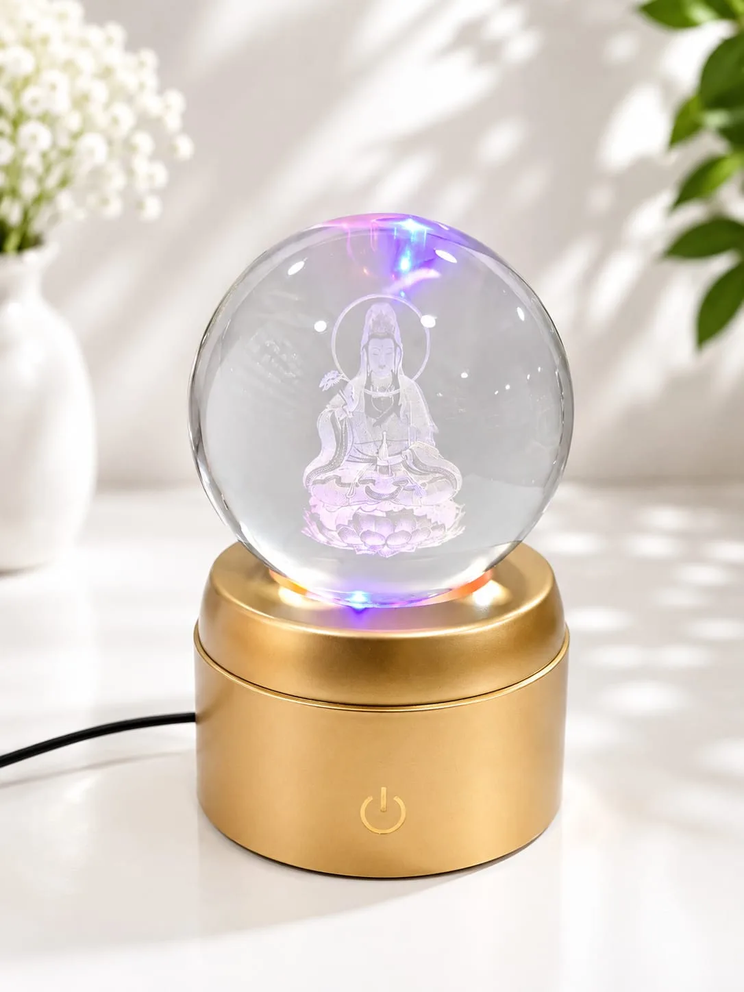 Lampara de Mesa Bola de Cristal Giratorio Buda con Base Dorada