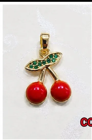 Colgante de Rodio - Cereza roja brillante con hoja verde