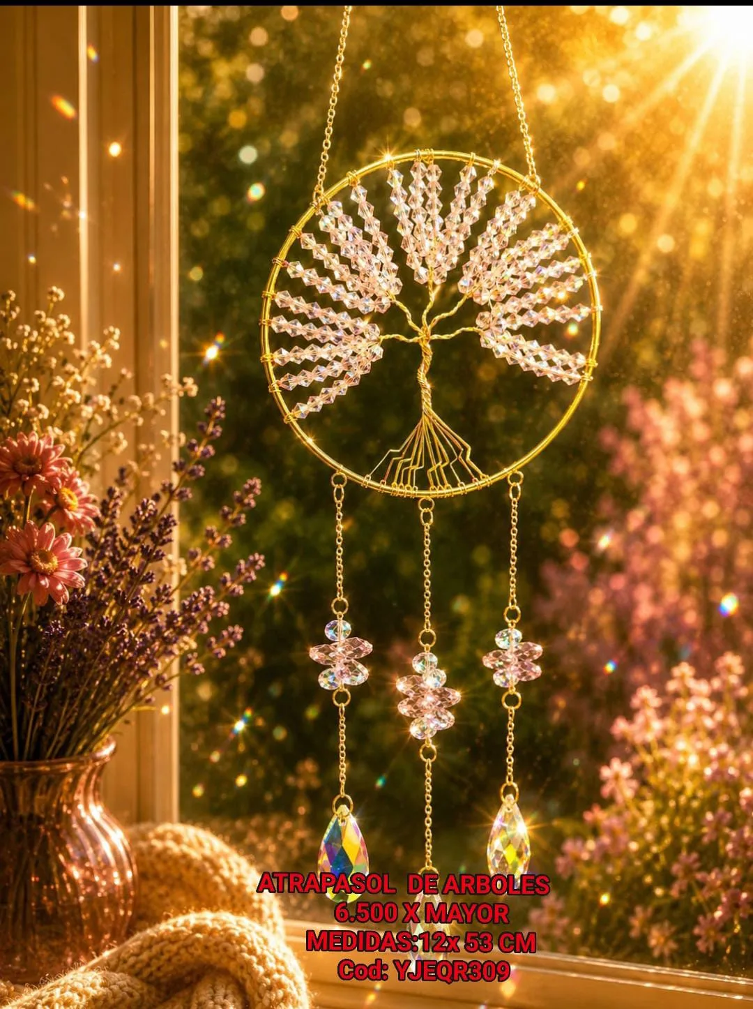 Atrapasoles Árbol de la Vida Rosa Pastel en Aro Dorado con Cuentas Facetadas y Cadenas Prismáticas