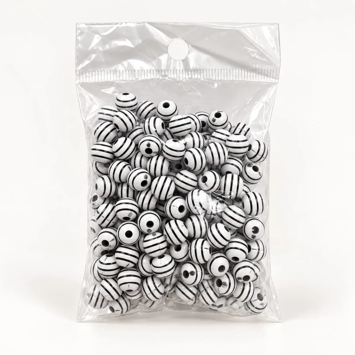 Cuenta Acrílica Rayada 8mm Blanco con Rayas Negras