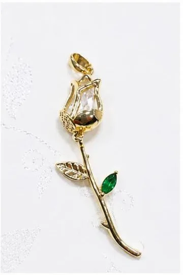 Colgante de Rodio - Rosa dorada con hoja verde