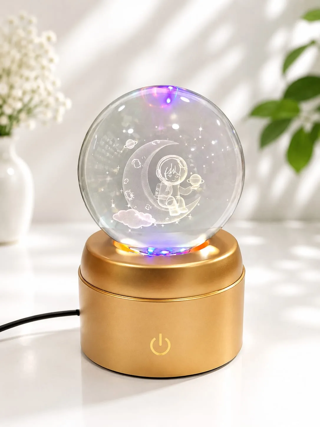 Lampara de Mesa Bola de Cristal Giratorio Astronauta con Base Dorada