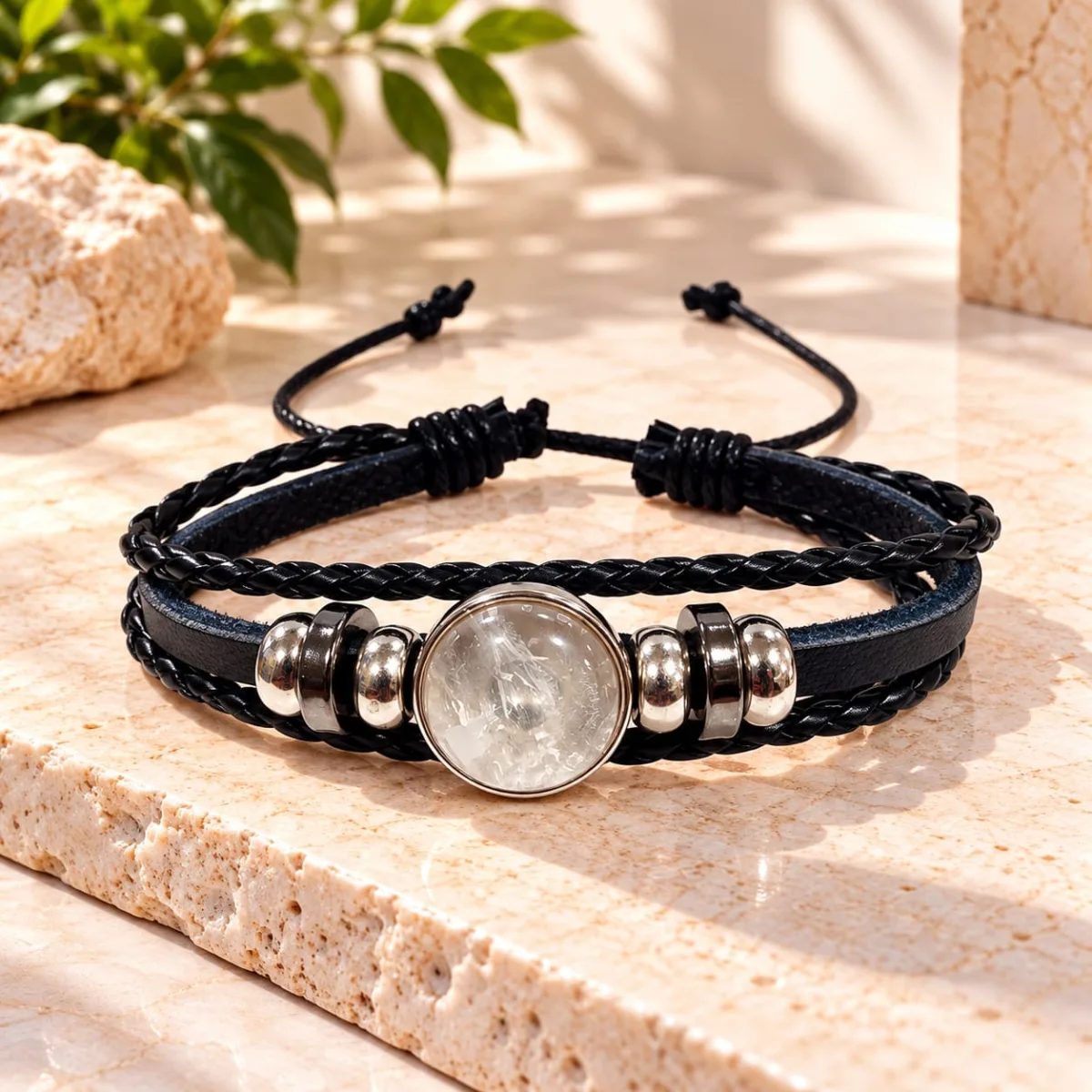 Pulsera de Cuerina con Cuarzo Cristal