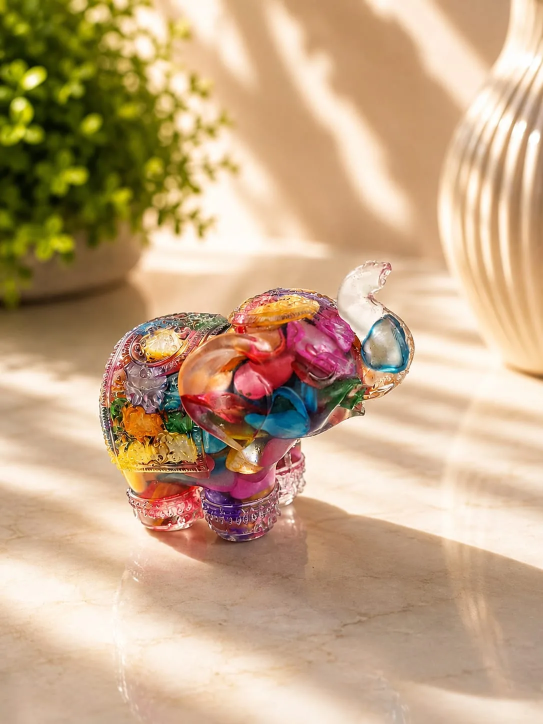 Elefante de Resina con Cuarzo Molido - Multicolor