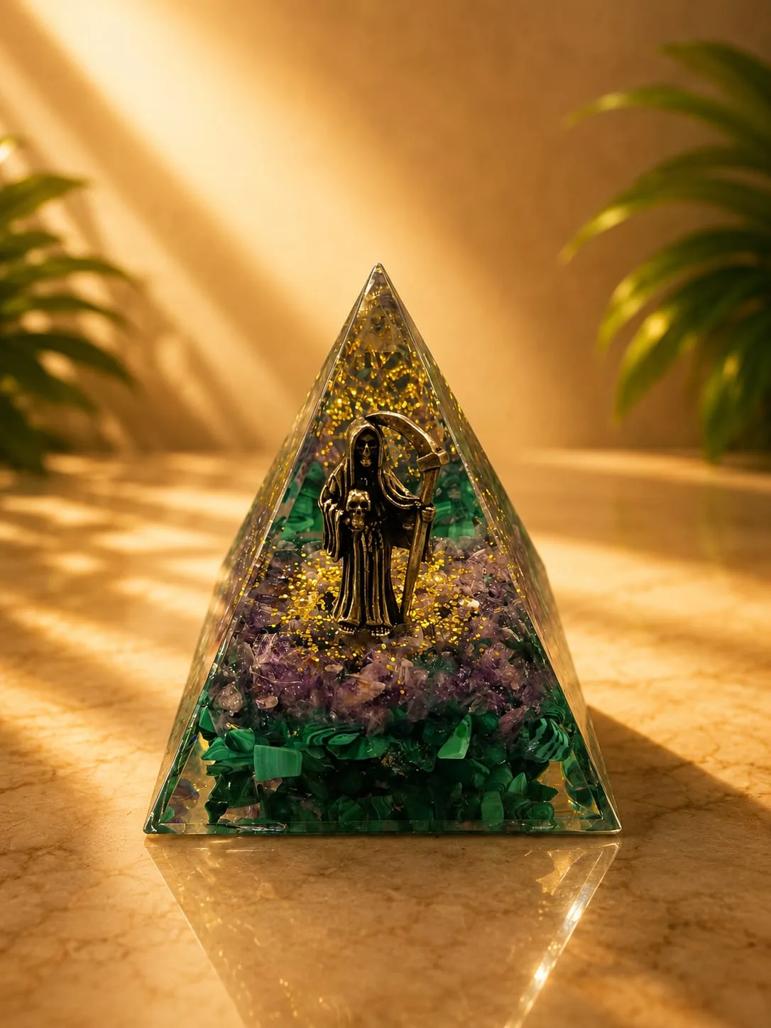 Pirámide de Orgonita o Orgón - Santa Muerte dorada - malaquita y amatista
