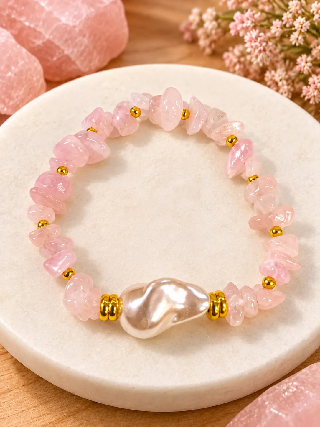 Pulsera de Cuarzo Rosado en Chips