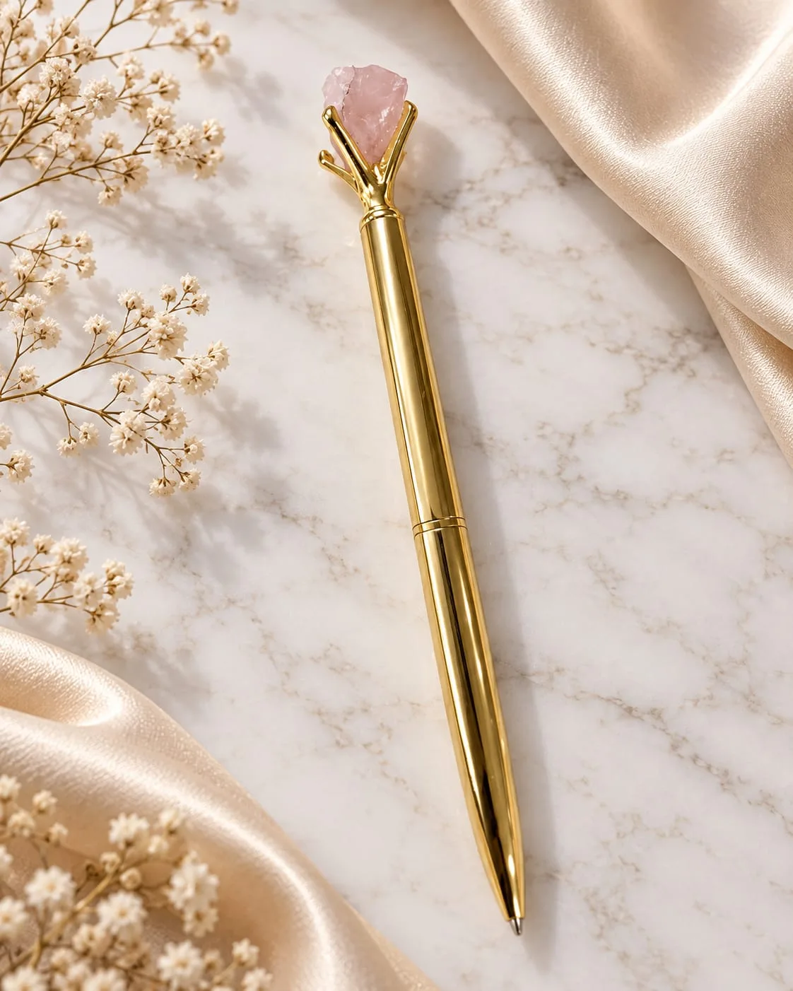 Lapicero con Mineral de Cuarzo Rosado