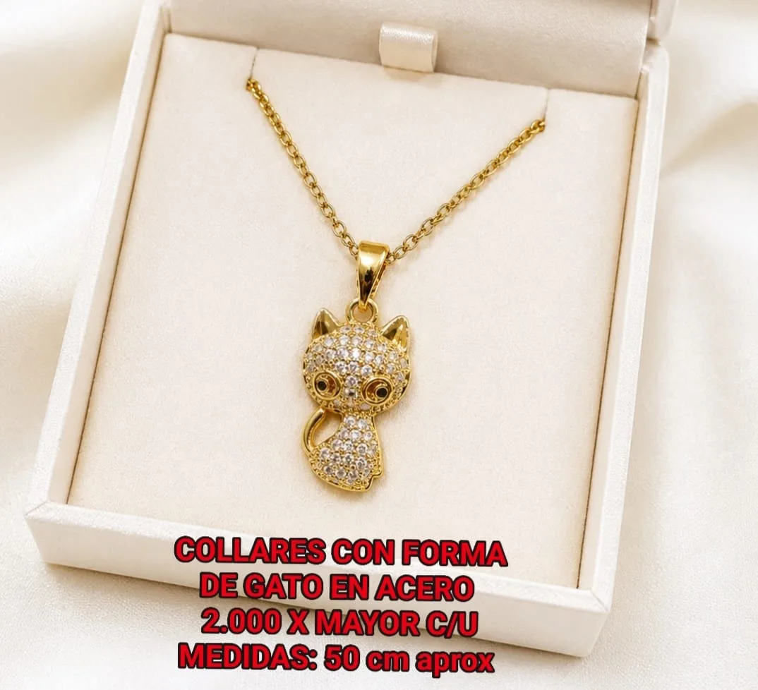 Collar con Forma de Gato en Acero - Gato con piedras y ojos negros