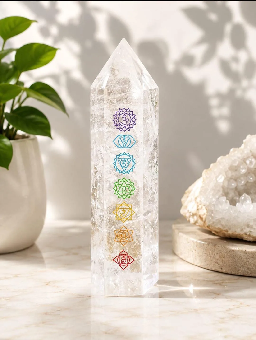 Obelisco de Cuarzo Cristal con Grabado de Chakras