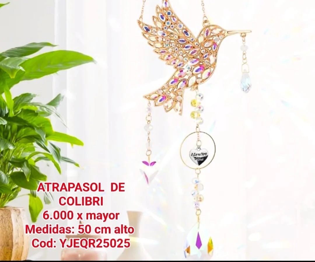 Atrapasoles Colibrí de Cristal Dorado con Dije "I Love You Mom" y Prismas Iridiscentes