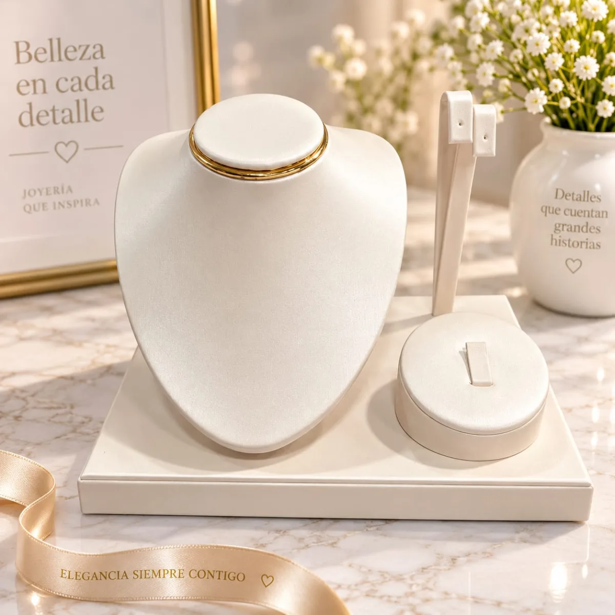 Set Exhibidor de Cuerina para Collar y Aretes (Blanco)