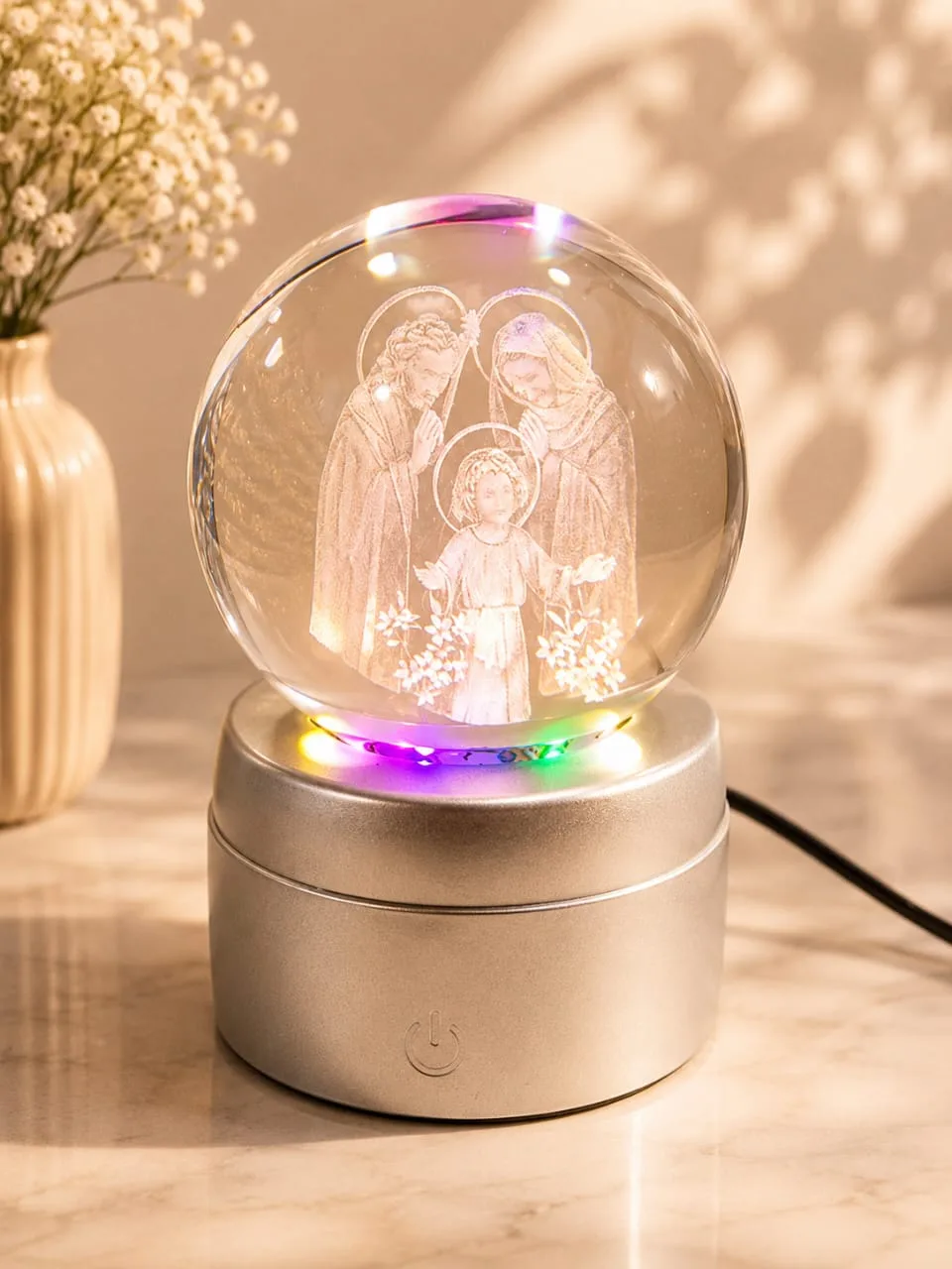 Lampara de Mesa Bola de Cristal Giratorio Sagrada Familia con Base Plateada