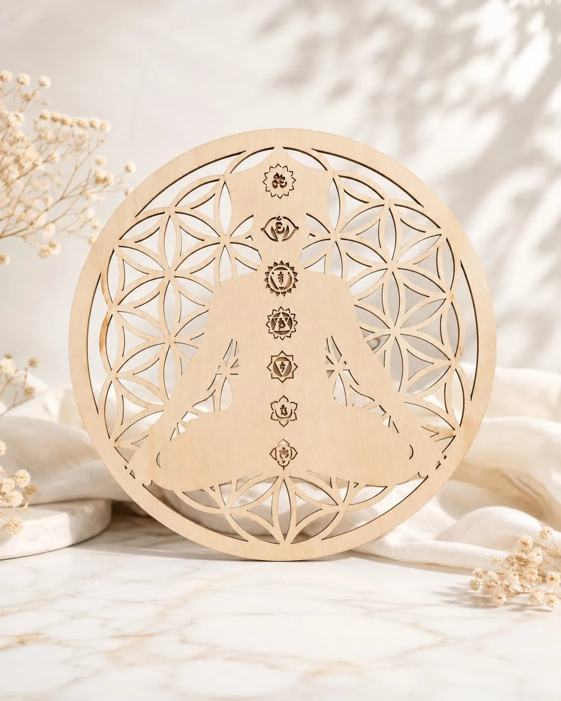 Panel de Madera Buda en Flor de la Vida con Chakras