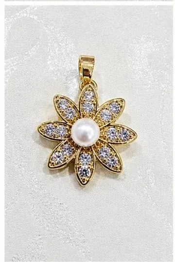 Colgante de Rodio - Flor con perla central y piedras claras