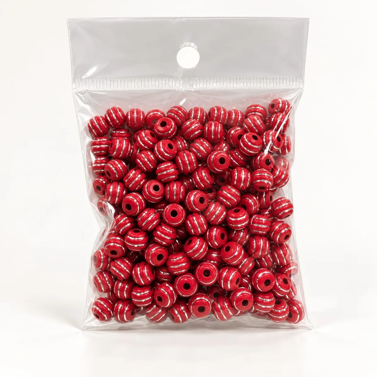 Cuenta Acrílica Rayada 8mm Rojo con Rayas Plateadas