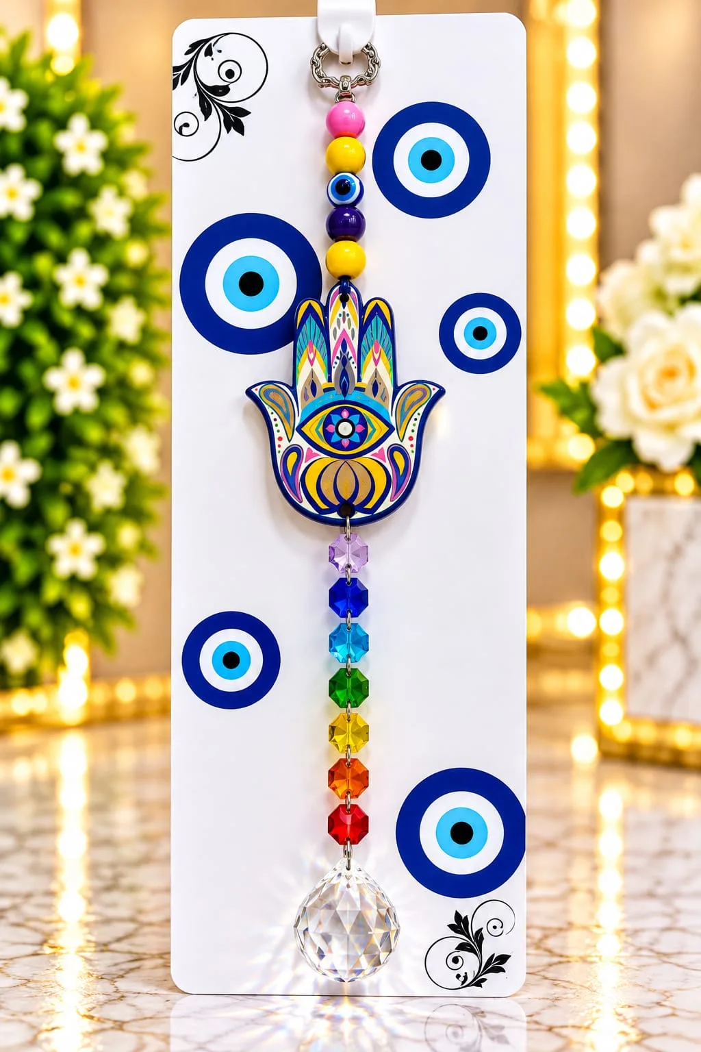 Colgante Mano de Fátima con 7 Chakras Amarillo y Celeste