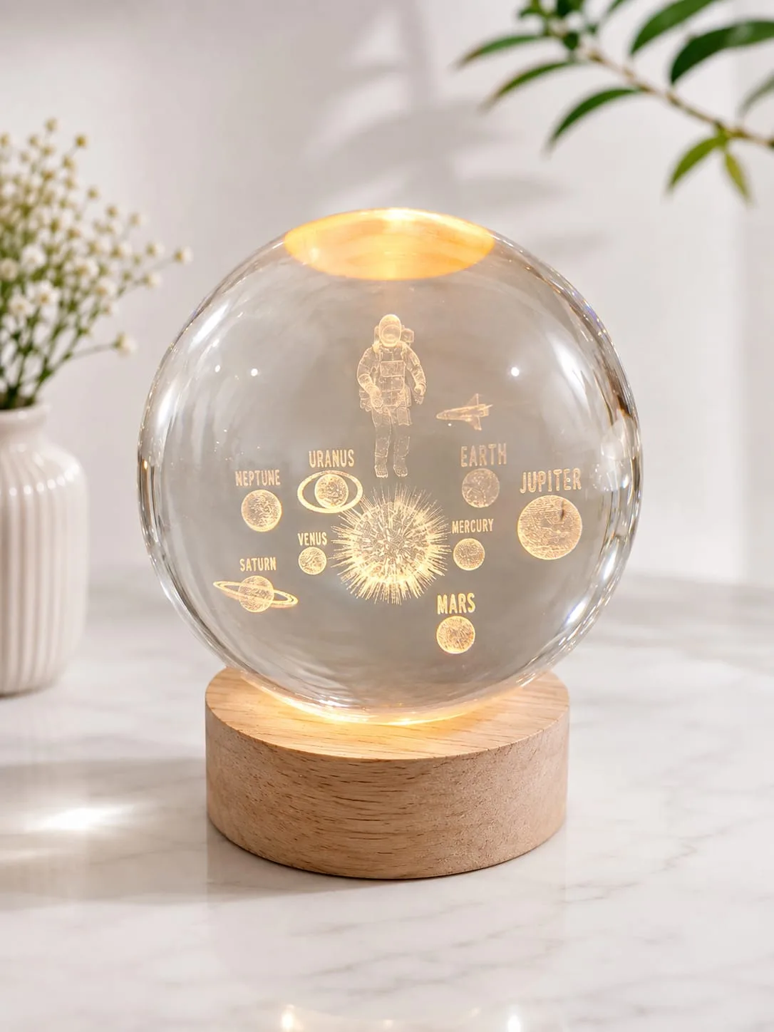 Lampara de Mesa Bola de Cristal Sistema Solar con Base de Madera