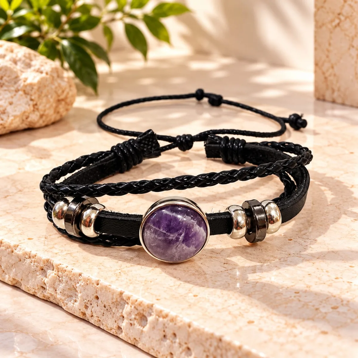 Pulsera de Cuerina con Amatista Natural