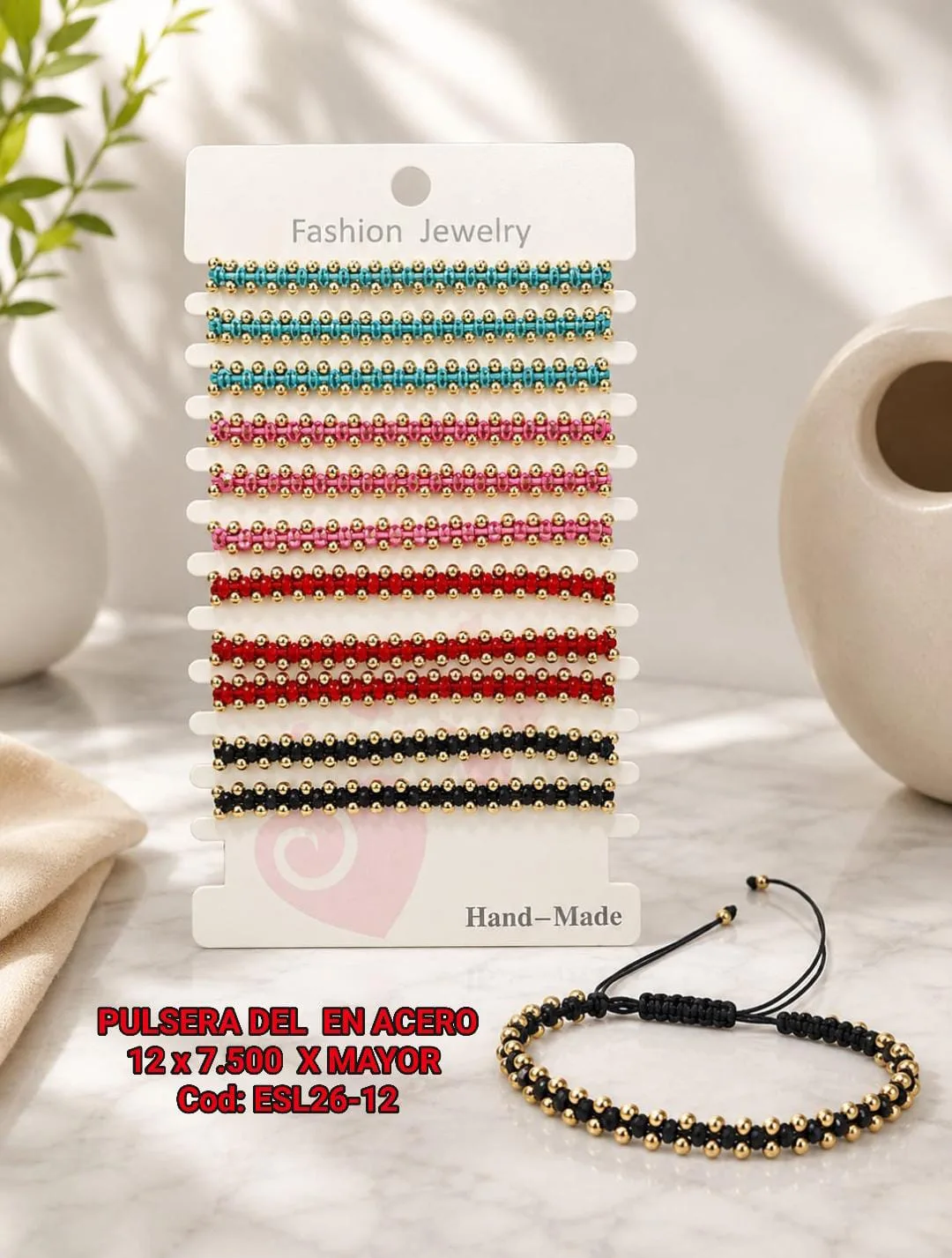 Pack 12 Pulsera Minimalista Tejida en Macramé con Doble Hilera de Balines Dorados de Acero