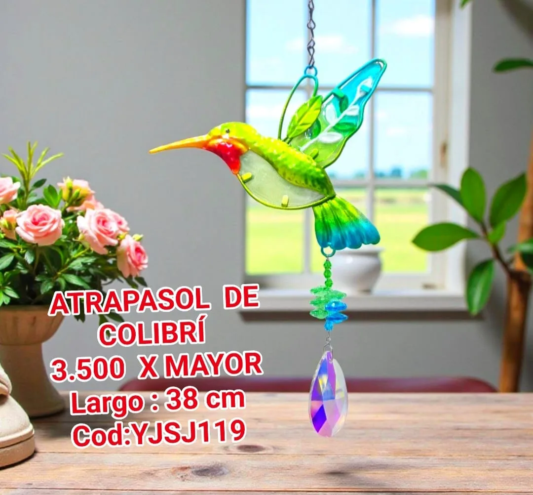 Atrapasoles / Adorno Colgante Colibrí Artístico Verde Lima y Calipso con Lágrima Prismática Iridiscente