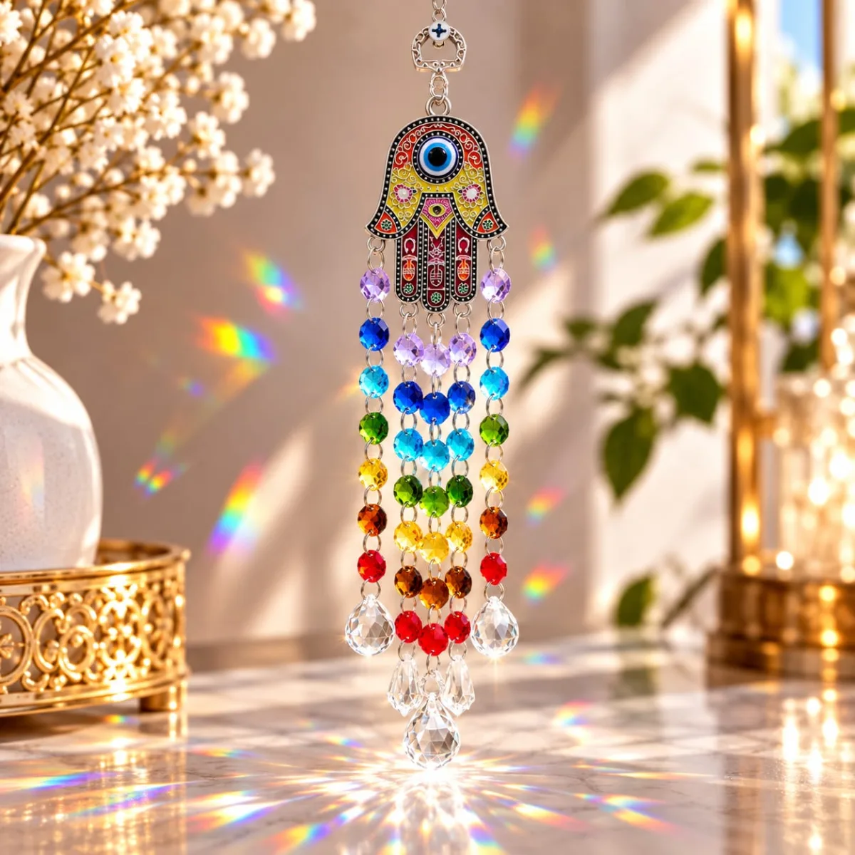 Colgante Mano de Fátima con Cristales de 7 Chakras