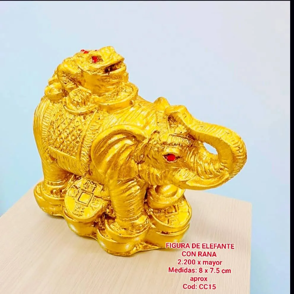 Estatua Dorada de Elefante con Rana de Tres Patas