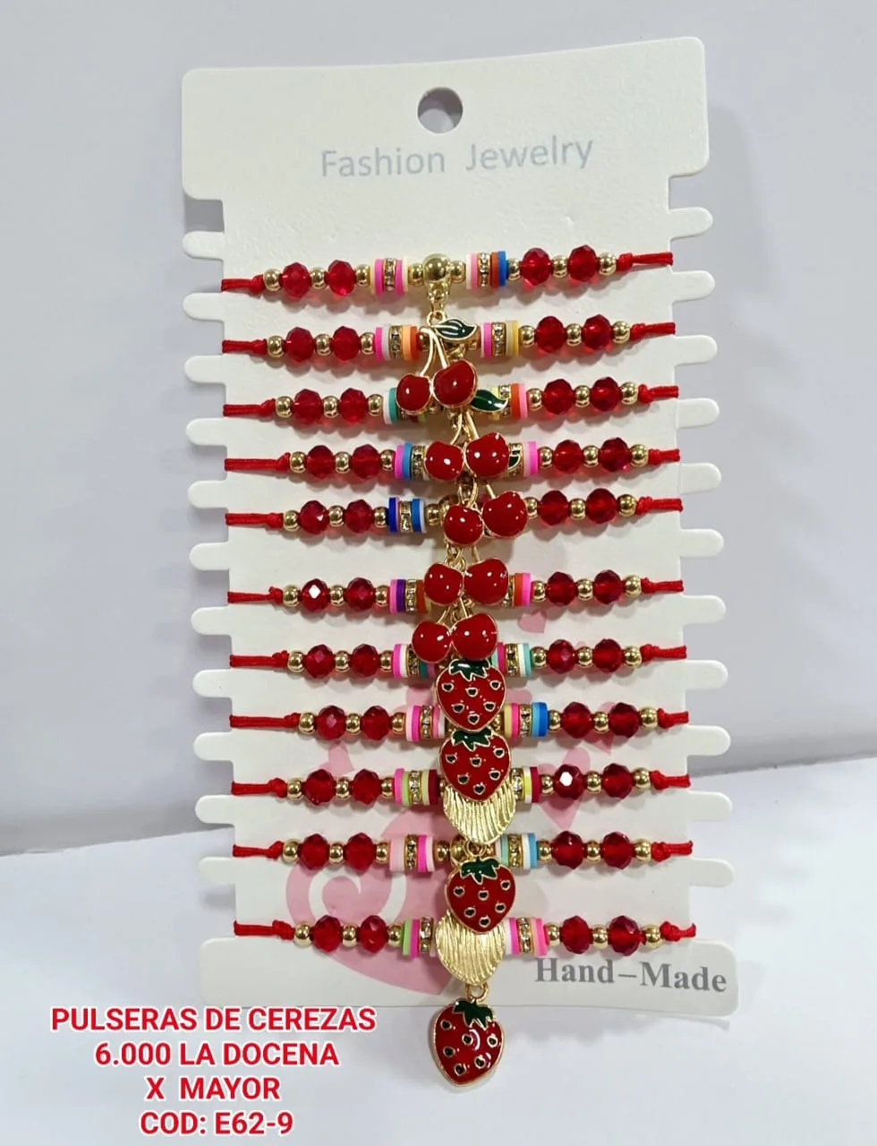 Pack 12 Pulsera Cristales Facetados Rojos, Discos Fimo Multicolores y Rondelles Estrás con Dijes Surtidos