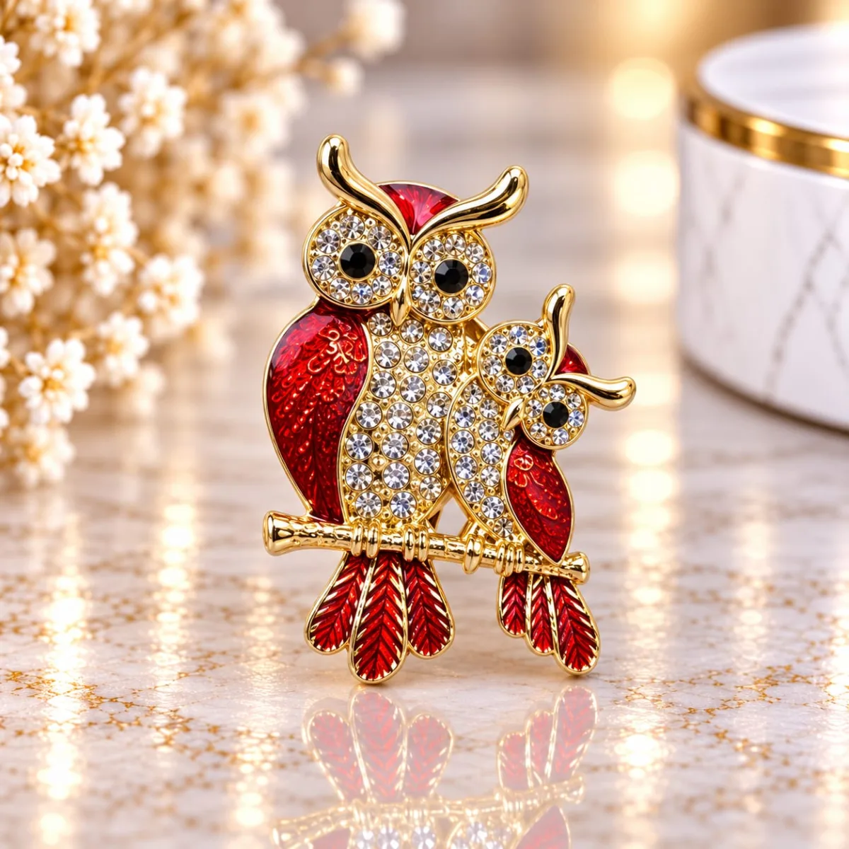 Prendedor de Búhos Pareja Esmaltado Rojo
