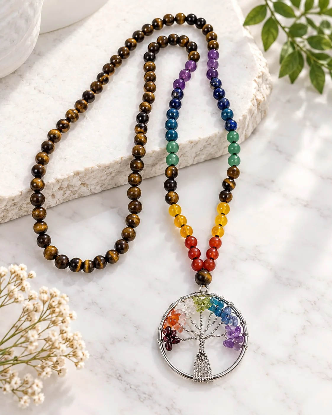 Set de Collares Ojo de Tigre y Árbol de la Vida 7 Chakras