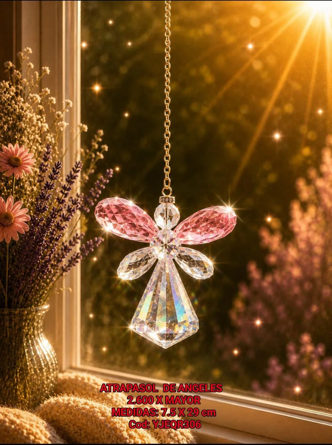 Atrapasoles Ángel Guardián de Cristal Facetado con Alas Rosa y Prisma Irradiante