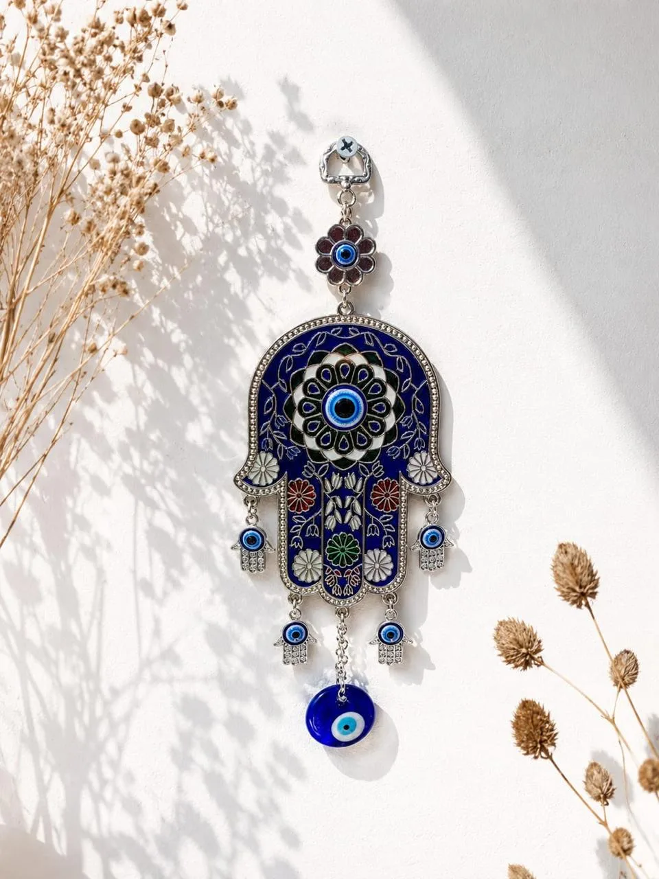 Colgante Mano de Fátima Azul con Flor