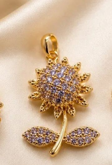 Colgante de Rodio - Girasol con tallo y hojas circonia
