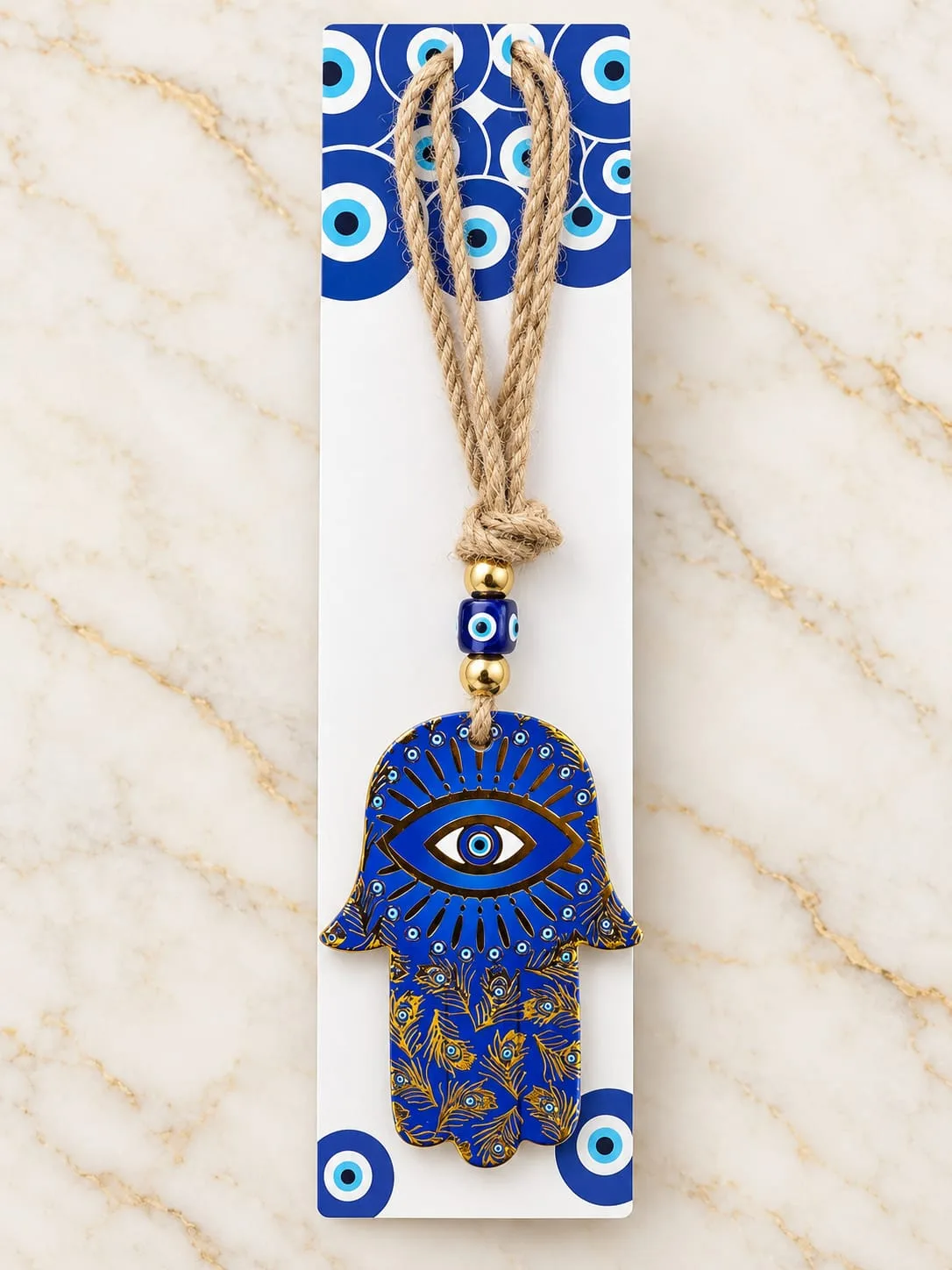 Colgante Mano de Fátima Azul Plumas Doradas