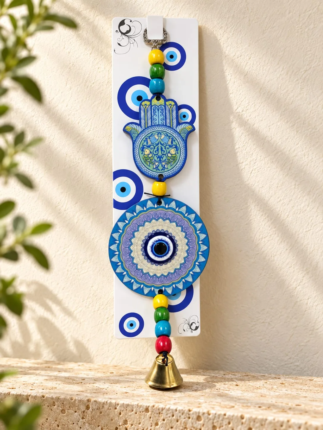 Colgante Ojo Turco con Campana Mano de Fátima y Mandala Celeste