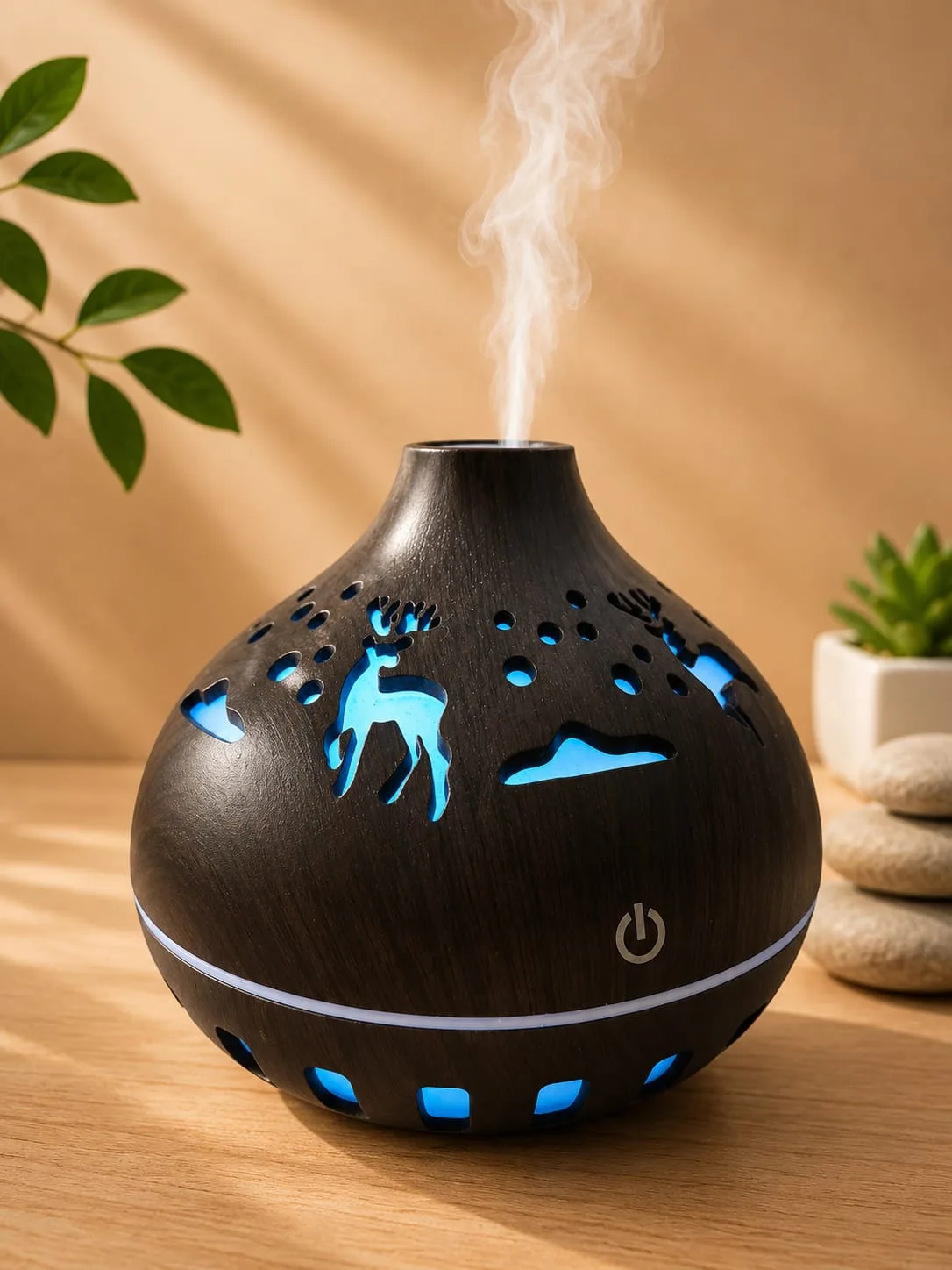 Difusor Humidificador de Madera con Diseño de Venado, Color Oscuro