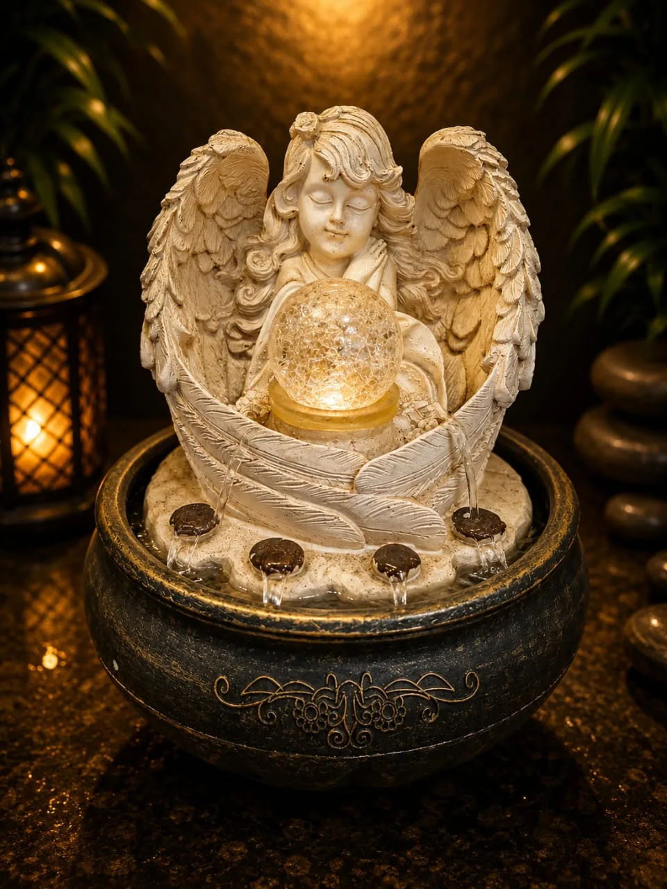 Fuente De Agua Angel Querubin Cascada Esfera Cristal Luz Led