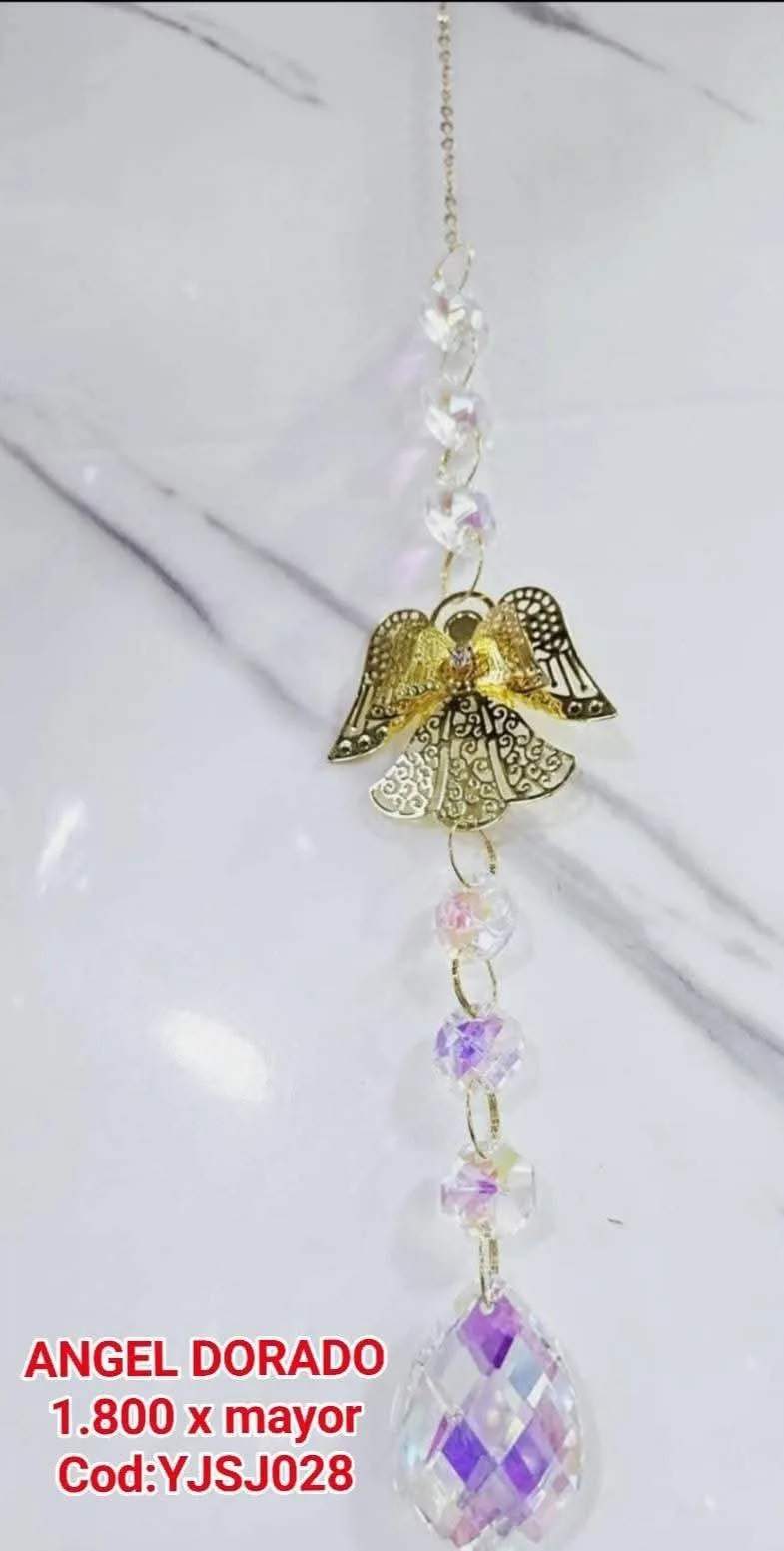  Atrapasoles Ángel Celestial Dorado Calado con Cuentas y Gran Lágrima Prismática