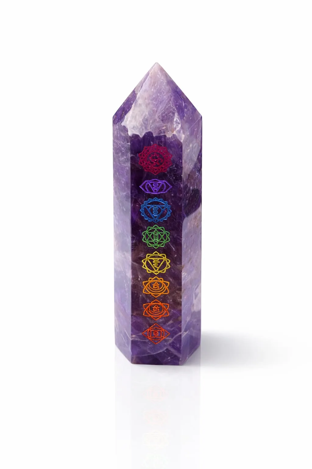 Obelisco de Cuarzo con Símbolos de Chakras - Amatista