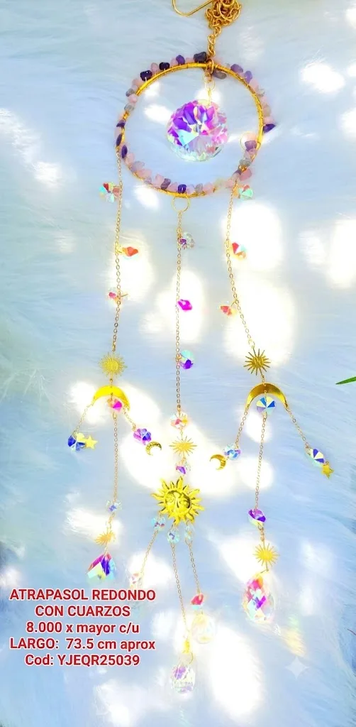 Atrapasoles Celestial Redondo en Cuarzo Rosa y Amatista con Gran Esfera Prismática, Cadenas Astrales y Lágrimas Iridiscentes