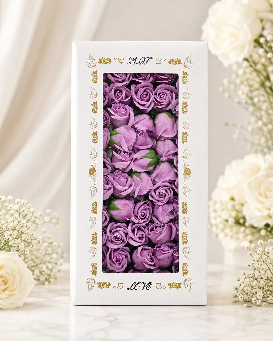 Caja de Rosas de Jabón Color Lila/Lavanda