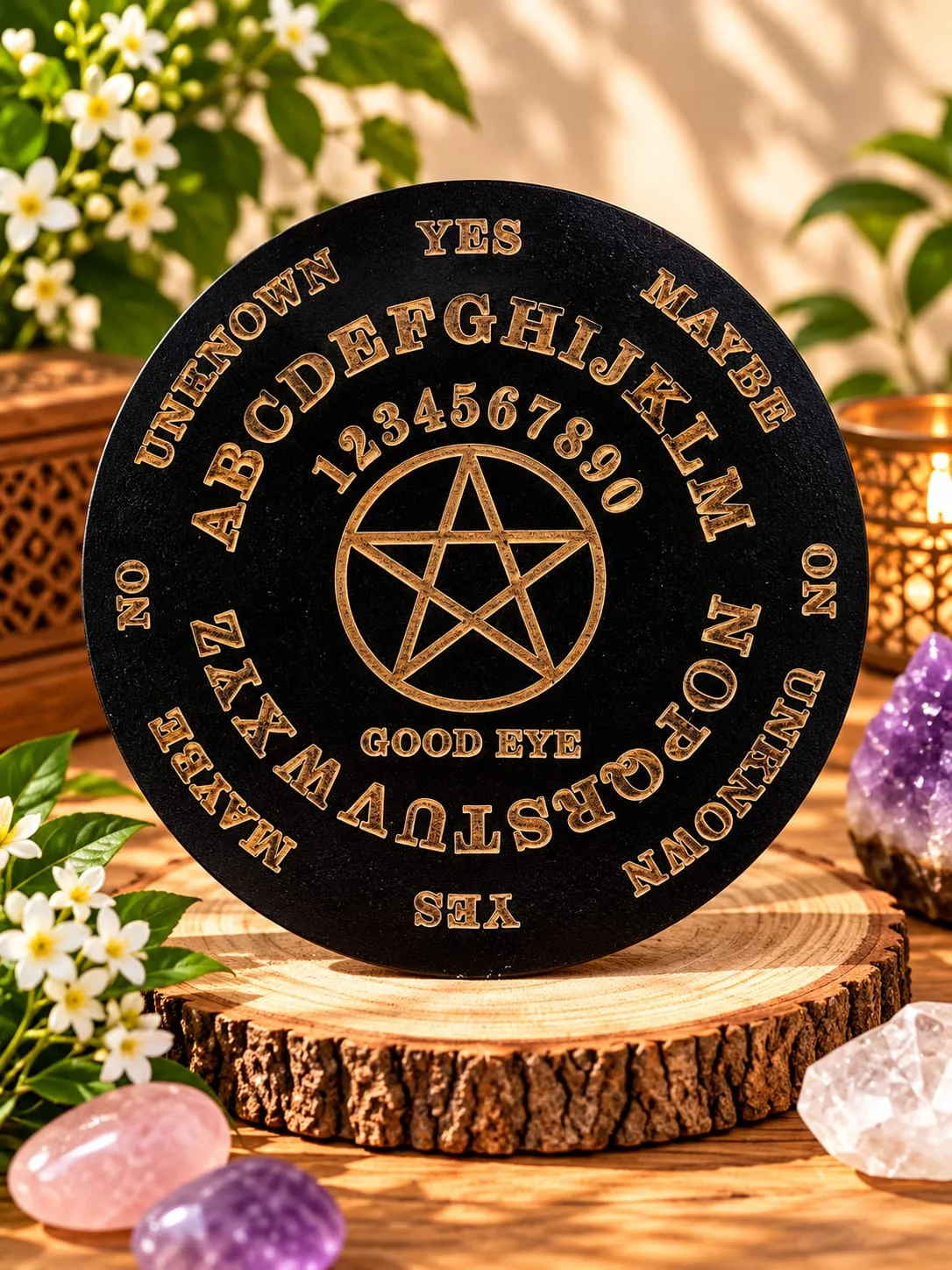 Tabla de Péndulo de Madera Pentagrama y Abecedario Negra 30x30 cm