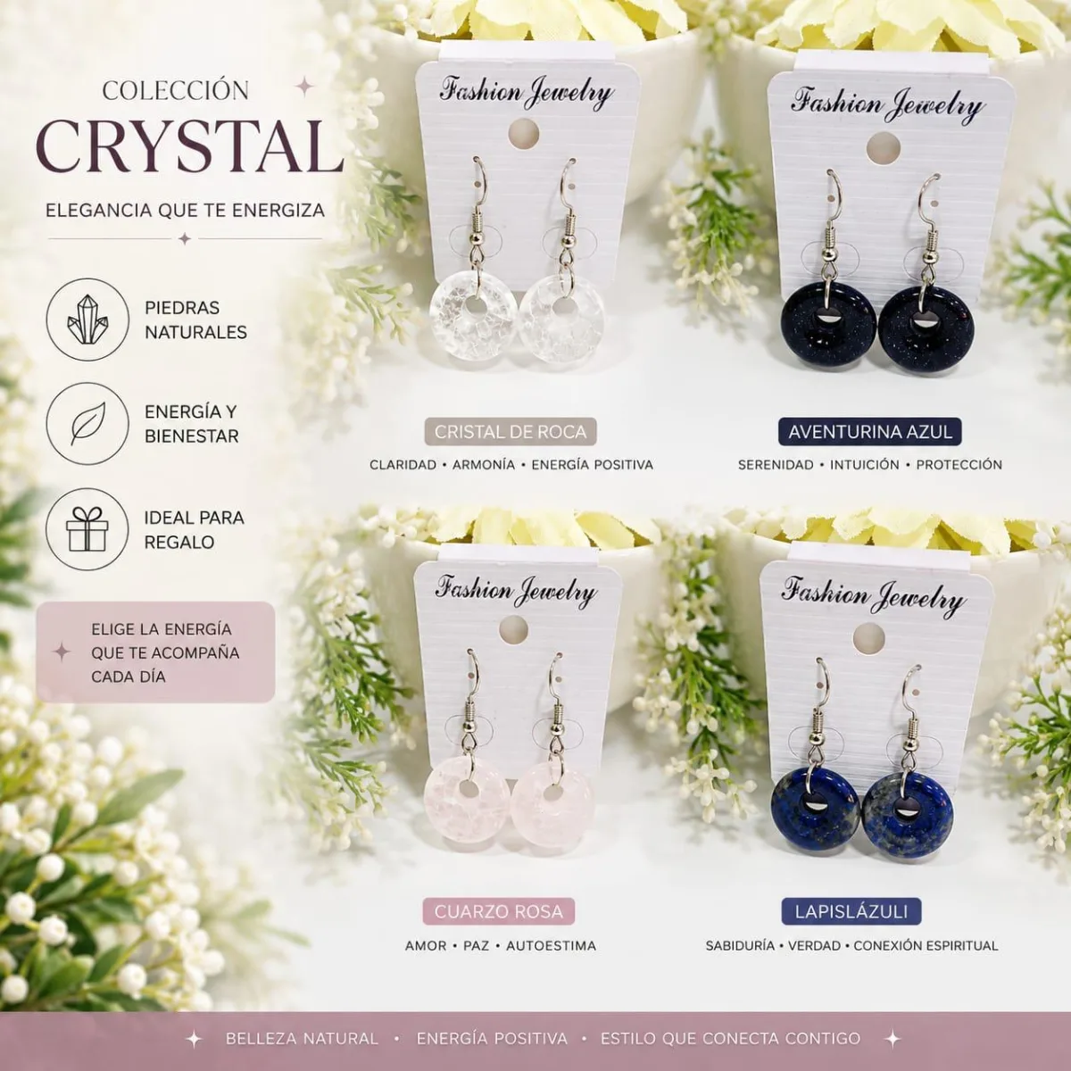 Aros Argolla Piedra Natural Cristal de Roca Aventurina Azul Cuarzo Rosa y Lapislázuli