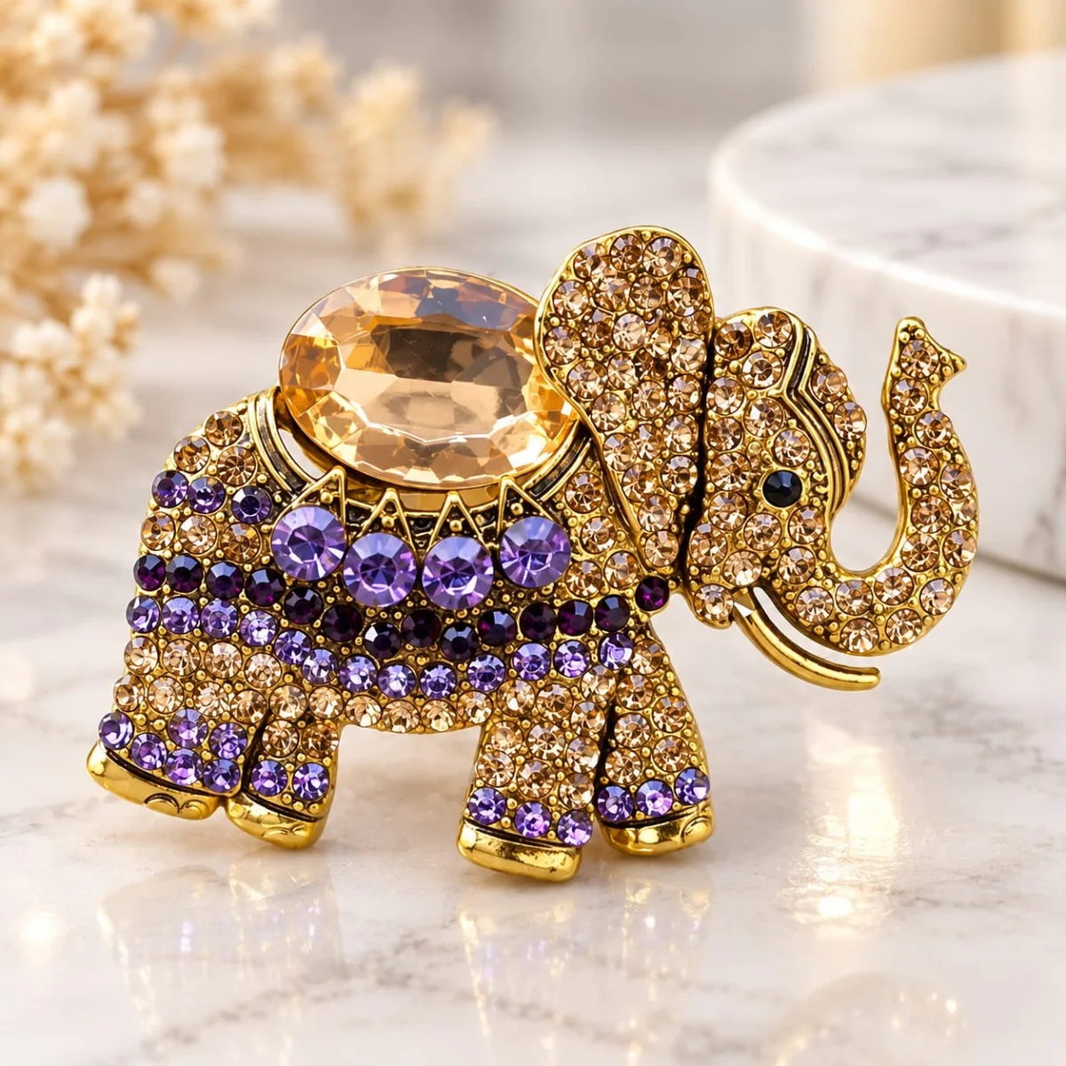 Prendedor de Elefante con Strass Morado y Dorado