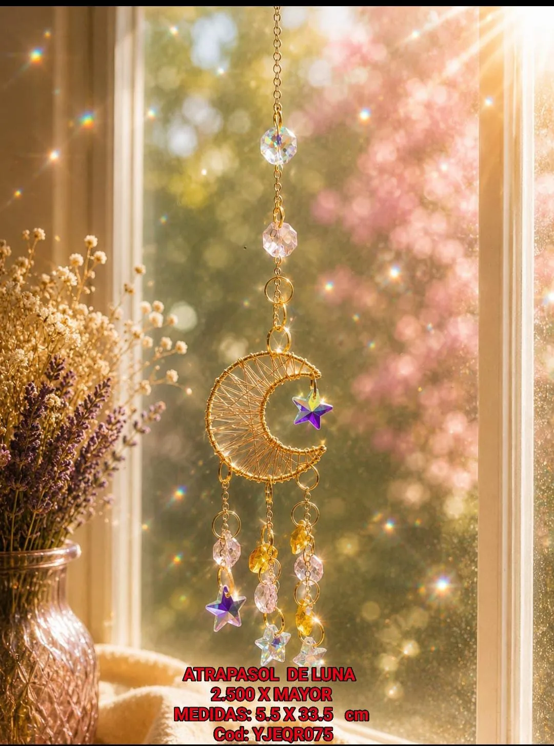 Atrapasoles Medialuna de Alambre Dorado con Estrella de Cristal Violeta y Cuentas Rosadas e Iridiscentes